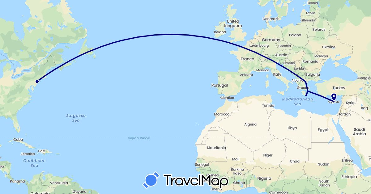 TravelMap itinerary: driving in Cyprus, Greece, United States (Asia, Europe, North America)